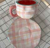 Pink Plaid 300ML Underglaze Hand-Pinched Cup and Saucer Set - Ceramic Coffee Mug Milk Cup Breakfast Set - Front View