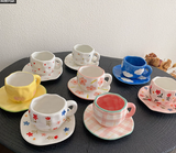 Pink Plaid 300ML Underglaze Hand-Pinched Cup and Saucer Set - Ceramic Coffee Mug Milk Cup Breakfast Set - Side View
