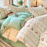 Green Flower Thick Brushed Cotton 4-Piece Bed Sheet Set (1.5m Bed) - Fits 200x230cm Duvet