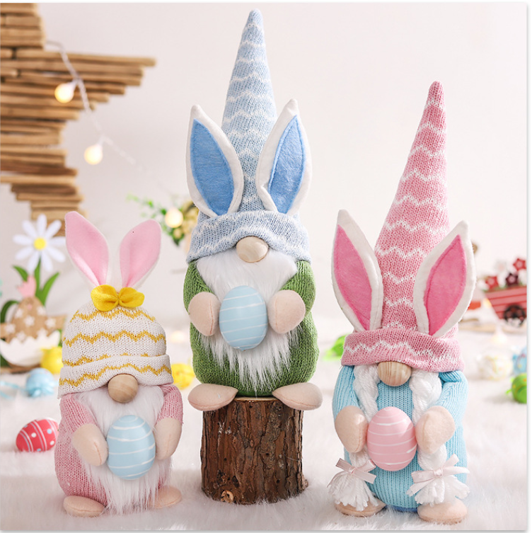 Big Pink Fat Doll Easter Gnome Doll - Knitted Fabric with Egg and Bunny Ears Decor