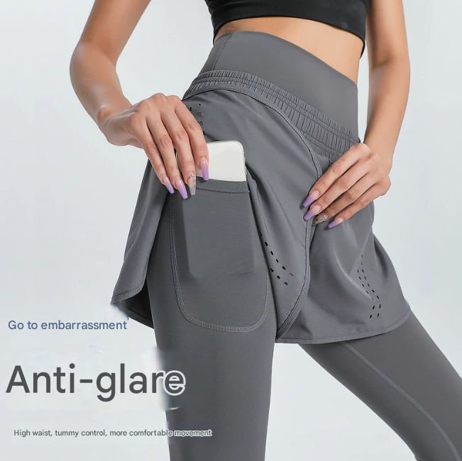 XXXXL Grey Women's High-Waist Athletic Skort with Built-In Shorts - Breathable Quick-Dry Running Skirt with Phone Pocket