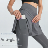 XXXXL Grey Women's High-Waist Athletic Skort with Built-In Shorts - Breathable Quick-Dry Running Skirt with Phone Pocket - Front View