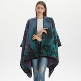 Jiangnan Waterfront-Green Camel Elegant Autumn Winter Shawl - Artistic Split-Design Knit Cloak with Oil Painting Style - Front View
