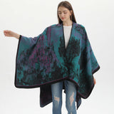 Jiangnan Waterfront-Green Camel Elegant Autumn Winter Shawl - Artistic Split-Design Knit Cloak with Oil Painting Style - Side View