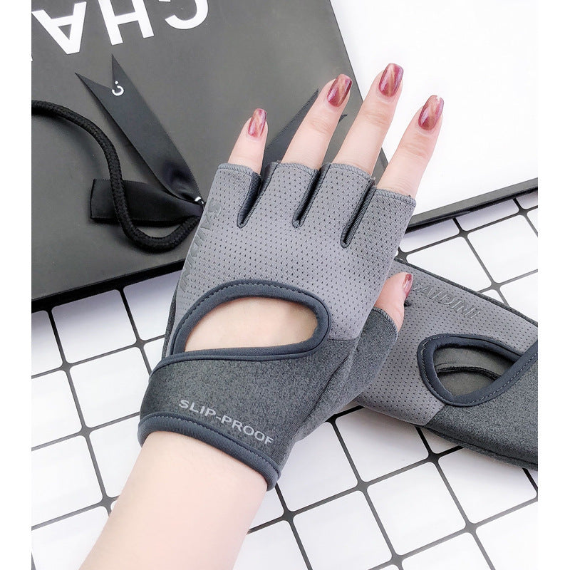 L Grey 2-PCS Women's Half-Finger Fitness Gloves - Anti-Slip Breathable Gloves for Yoga, Spin Bike, and Weight Training
