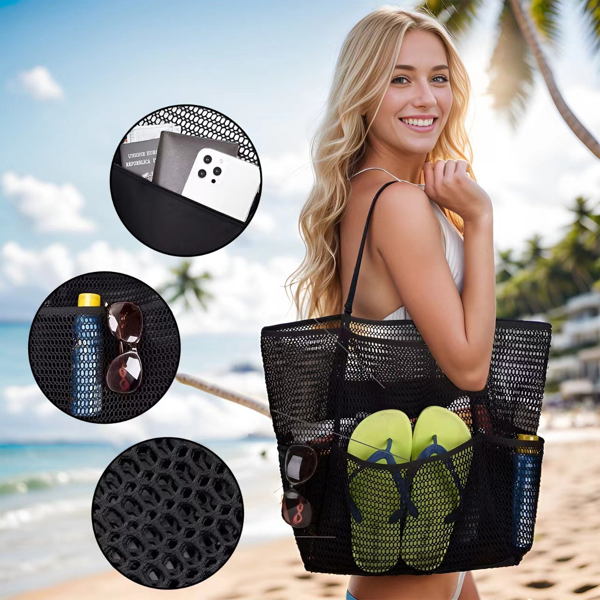 Pink Double Layer Mesh Beach Bag - Large Capacity