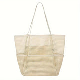 Beige Double Layer Mesh Beach Bag - Large Capacity