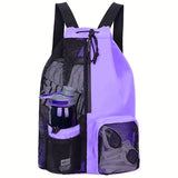 Purple Mesh Drawstring Swim Backpack with Wet Bag - Durable Beach Gym Bag for Wet Gear