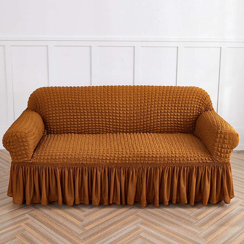 Mustard Yellow Three-person Sofa Bubble Gauze Sofa Cover with Skirt - Full Elastic Dustproof Three-person Seater 190-230cm
