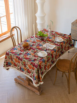 Floral Cotton Linen Tablecloth | Vintage Style Country Garden Design, 120*120cm - Front View