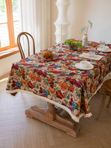Floral Cotton Linen Tablecloth | Vintage Style Country Garden Design, 100*160cm - Top-Down View