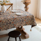 Floral Vintage Bird Tassel Tablecloth | Vintage Cotton and Linen Jacquard Tablecloth, 140*180cm - Top-Down View