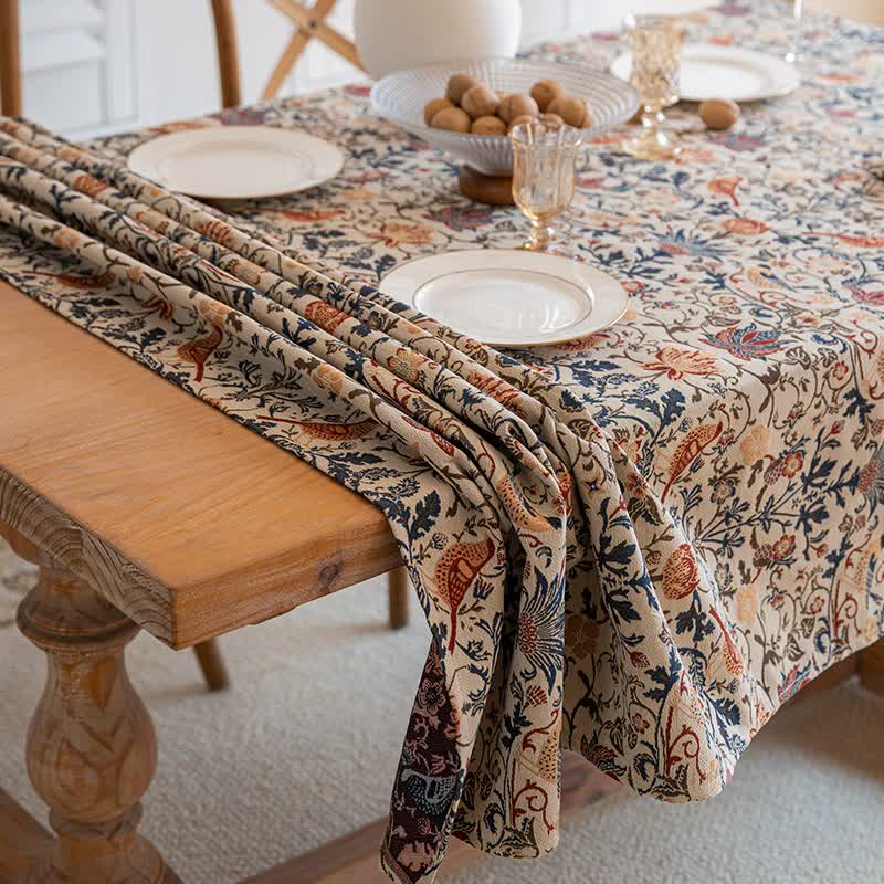 Floral Vintage Bird Tassel Tablecloth | Vintage Cotton and Linen Jacquard Tablecloth, 140*180cm