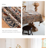 Floral Vintage Bird Tassel Tablecloth | Vintage Cotton and Linen Jacquard Tablecloth, 140*180cm - Rear View