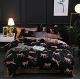 Black leopard print Three-Piece Bedding Set - Comfortable Polyester with Adjustable Corner Straps (Quilt Cover 230*230CM + Pillowcase 51*76CM*2) - Side View