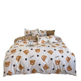 Cartoon Bear 4-Piece Bedding Set with Comforter and Pillowcases for Kids - Soft and Cute Bed Linen (Comforter 150x200cm, Bed Sheet 200x230cm, Pillowcases 48x47cm) - Top-Down View