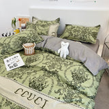 Green Floral 3-Piece Bedding Set - Soft and Lovely Bed Sheets (Quilt 150x200cm, Flat Sheet 160x230cm, Pillowcase 48x47cm) - Top-Down View