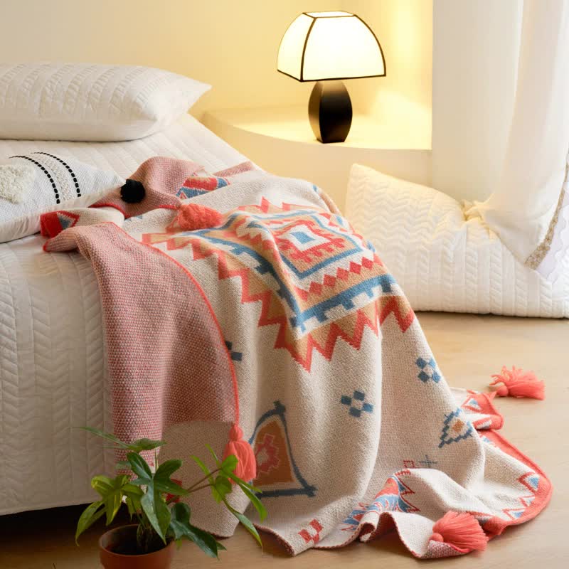 Orange Bohemian Geometric Tassel Throw Blanket ??Soft Cotton Blend for Bedroom, Living Room, and Sofa 110x130cm