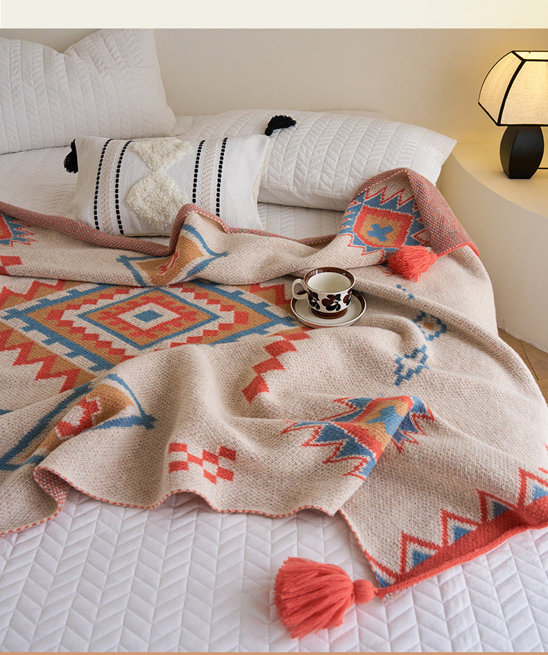 Orange Bohemian Geometric Tassel Throw Blanket ??Soft Cotton Blend for Bedroom, Living Room, and Sofa 110x130cm