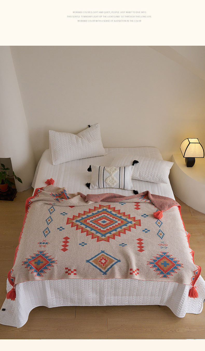 Orange Bohemian Geometric Tassel Throw Blanket ??Soft Cotton Blend for Bedroom, Living Room, and Sofa 110x130cm