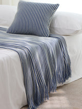 Blue Cozy Knit Throw Blanket with Fringe ??Stylish Striped Bed End Cover, 127x170cm