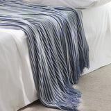 Blue Cozy Knit Throw Blanket with Fringe - Stylish Striped Bed End Cover, 127x220CM