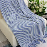 Blue Cozy Knit Throw Blanket with Fringe - Stylish Striped Bed End Cover, 127x220CM