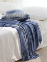 Blue Cozy Knit Throw Blanket with Fringe - Stylish Striped Bed End Cover, 127x220CM - Top-Down View