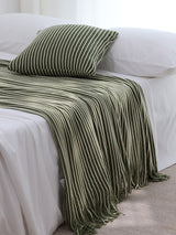 Green Cozy Knit Throw Blanket with Fringe - Stylish Striped Bed End Cover, 127x220CM - Side View