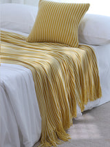 Yellow Cozy Knit Throw Blanket with Fringe - Stylish Striped  Bed End Cover, 127x220CM - Front View