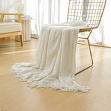 Beige Premium Woven Knitted Throw Blanket with Tassels | Soft, Cozy Sofa & Bed Blanket, Perfect for Office or Afternoon Naps 130x260cm - Side View