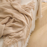 Khaki Premium Woven Knitted Throw Blanket with Tassels | Soft, Cozy Sofa & Bed Blanket, Perfect for Office or Afternoon Naps 130x260cm - Top-Down View