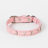 3 pcs Pink Stylish PU Leather Pet Collar - Anti-Loss, Puppy Bell, Star & Moon Design Width 1.2cm Total Length 35cm - Front View