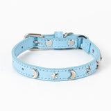 3 pcs Light blue Stylish PU Leather Pet Collar - Anti-Loss, Puppy Bell, Star & Moon Design Width 1.2cm Total Length 35cm - Front View