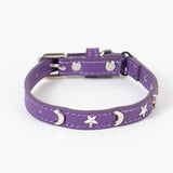 3 pcs Purple Stylish PU Leather Pet Collar - Anti-Loss, Puppy Bell, Star & Moon Design Width 1.2cm Total Length 35cm - Front View