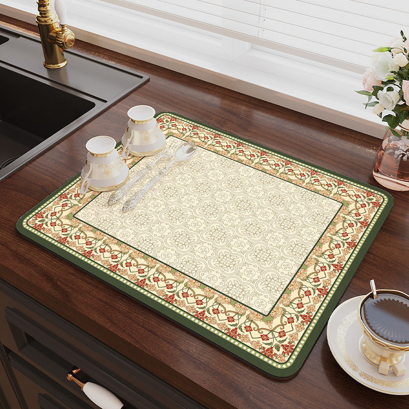 Green flowers Kitchen Drying Mat - Super Absorbent Dish & Cup Drainer Pad 50x60cm