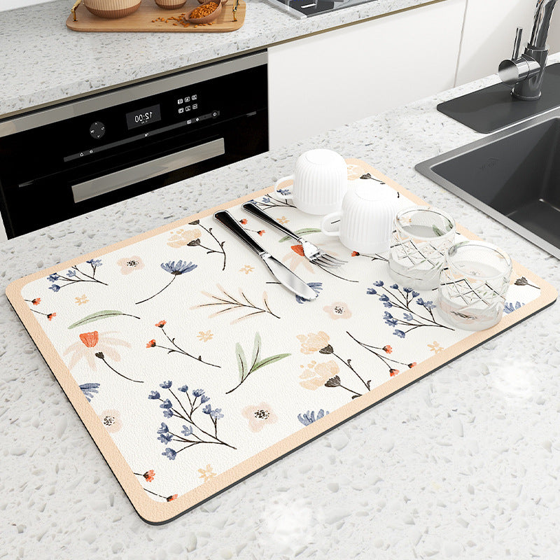 Orange flowers Kitchen Drying Mat - Super Absorbent Dish & Cup Drainer Pad 40x50cm
