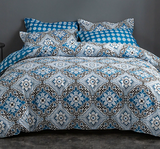 Blue Floral Duvet Cover - 3 Piece Bedding Set (with Corner Ties) - Front View