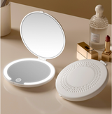 White Portable LED Makeup Mirror with Tricolor Lights - Rechargeable Folding Travel Mirror - Front View