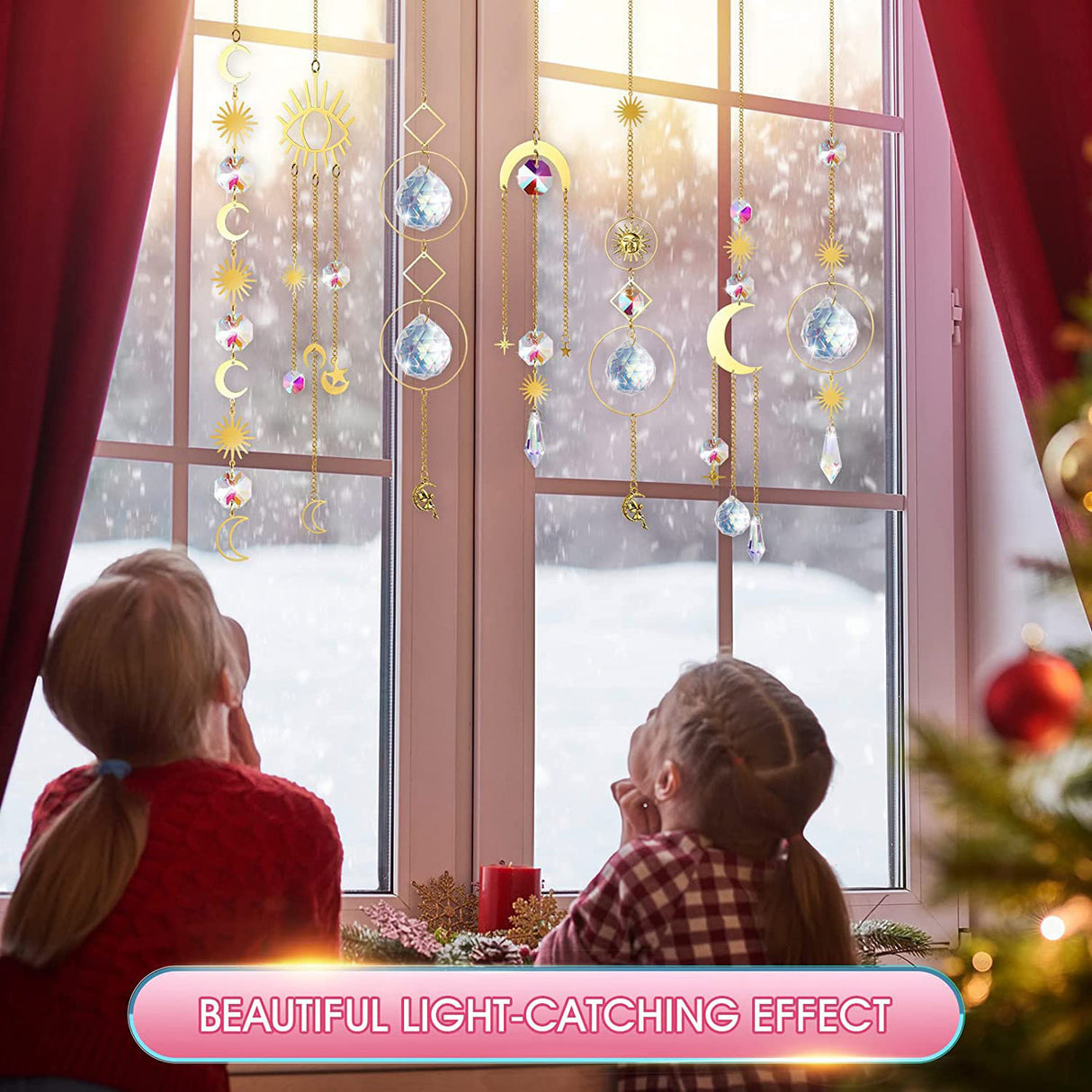 (Style 3) 4 pcs Crystal Wind Chimes-Sun Catcher Star Moon Dream Catcher for Window 31cm