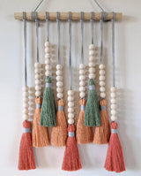 Colorful Tassel Wall Hanging-Wooden Beads Boho Tapestry Home Decor (Daylily red) - Top-Down View