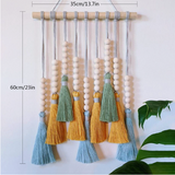 Colorful Tassel Wall Hanging-Wooden Beads Boho Tapestry Home Decor (Light Blue) - Front View