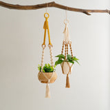 2 pcs Handwoven Plant Hanger-Cotton Rope Hanging Planter with Wooden Rings - Side View