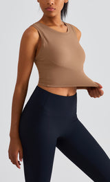 Size 4 Brown Fixed Cup Sports Bra with Cross-Back Design - Seamless Yoga Bra for Women - Front View
