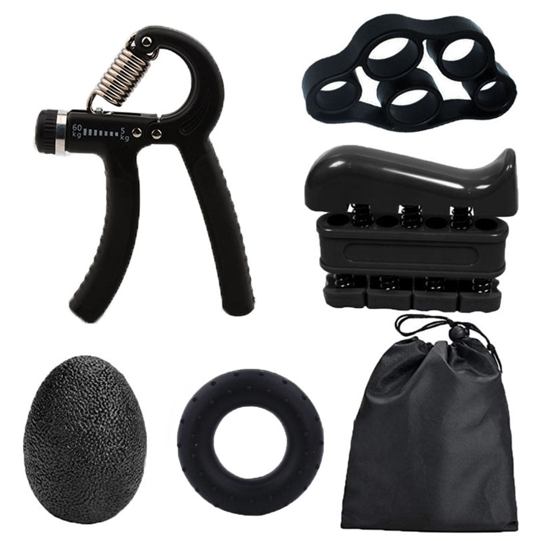 Black 5-Piece Hand Grip Strength Training Set  Adjustable Grip Exerciser, Silicone Grip Rings & Grip Ball