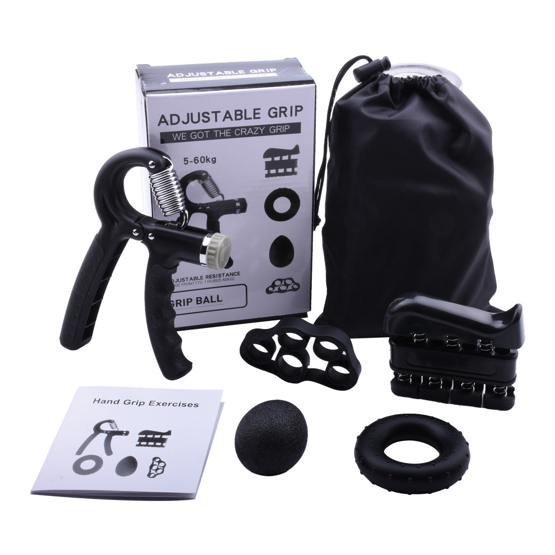 Black 5-Piece Hand Grip Strength Training Set  Adjustable Grip Exerciser, Silicone Grip Rings & Grip Ball