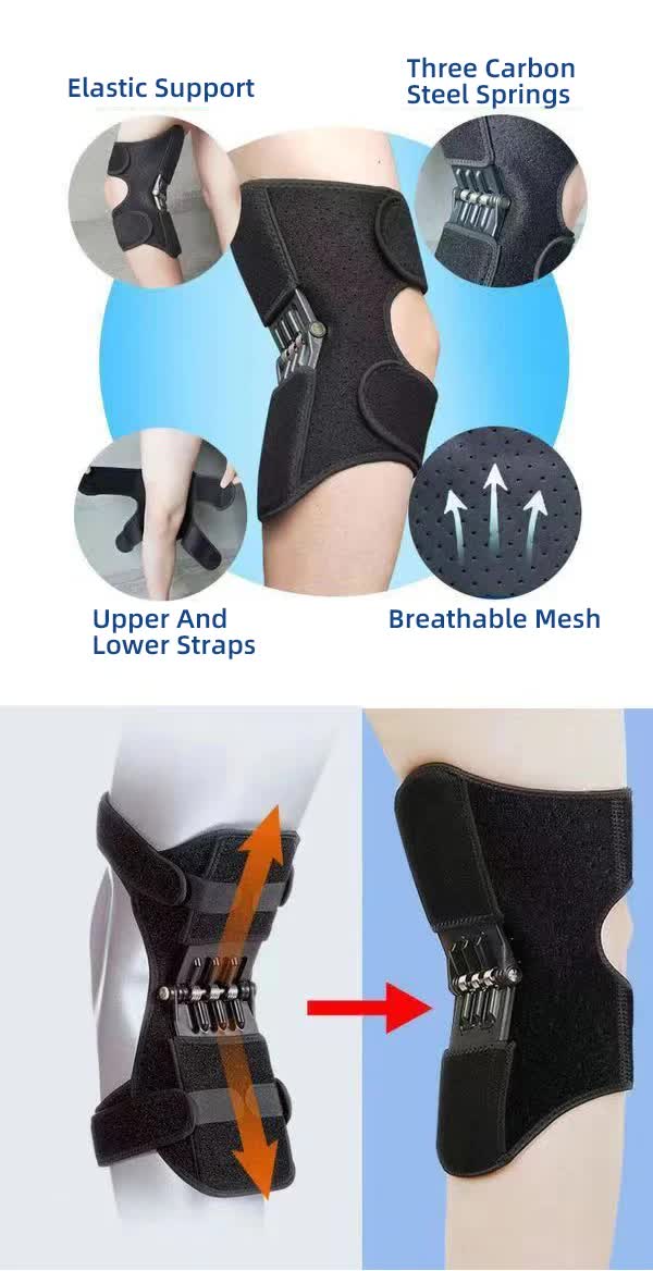 1 Pair Black Adjustable Knee Brace Support with Spring Booster  Patella Stabilizer for Squats, Hiking, and Outdoor Sports
