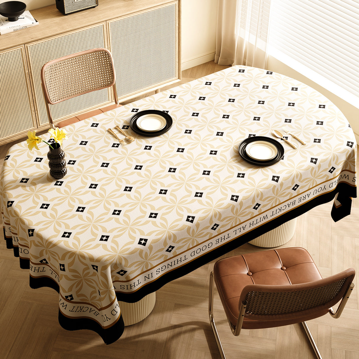 Style E Black And Beige Premium PVC Tablecloth - Oil & Water Resistant Table Cover for Dining Tables (120 x 180 cm)