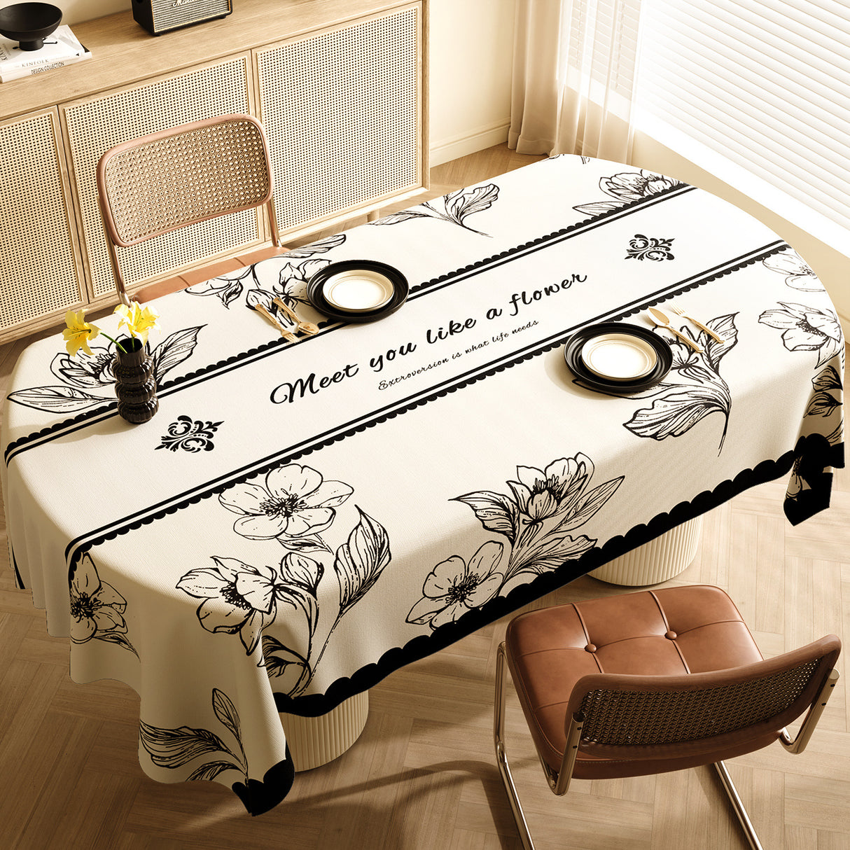 Style D Black And Beige Premium PVC Tablecloth - Oil & Water Resistant Table Cover for Dining Tables (140 x 220 cm)