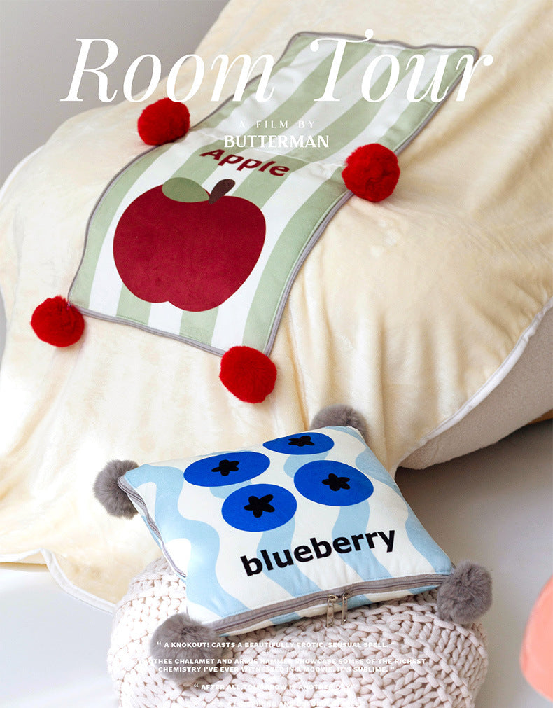 Red Apple Pattern Premium Plush Throw Pillow Blanket Combo ??Versatile Sofa Cushion for Home and Car Use, Ideal for Naps and Lounging
